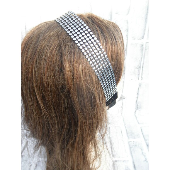 NEW by JUST BASIC, HEADWRAP, HEADBAND BLACK WITH SILVER TONE MULTIPLE ROWS  #2 - Picture 5 of 11